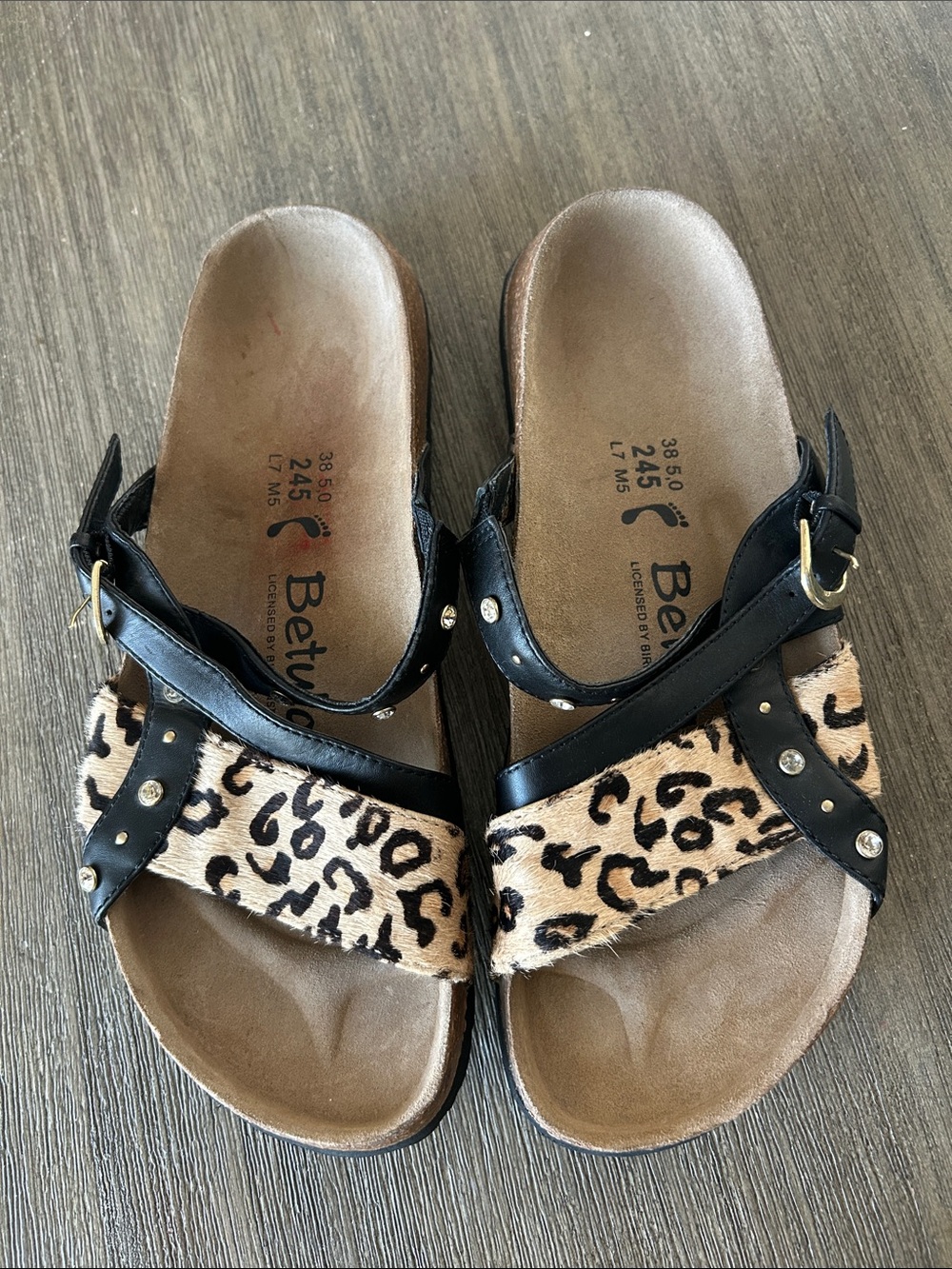 Betula by Birkenstock Rhinestone Jewel Embellished Leopard Sandals
Sz W7, M5.